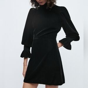ZARA Black Velvet High Smocked Neck Mini Dress NWT!